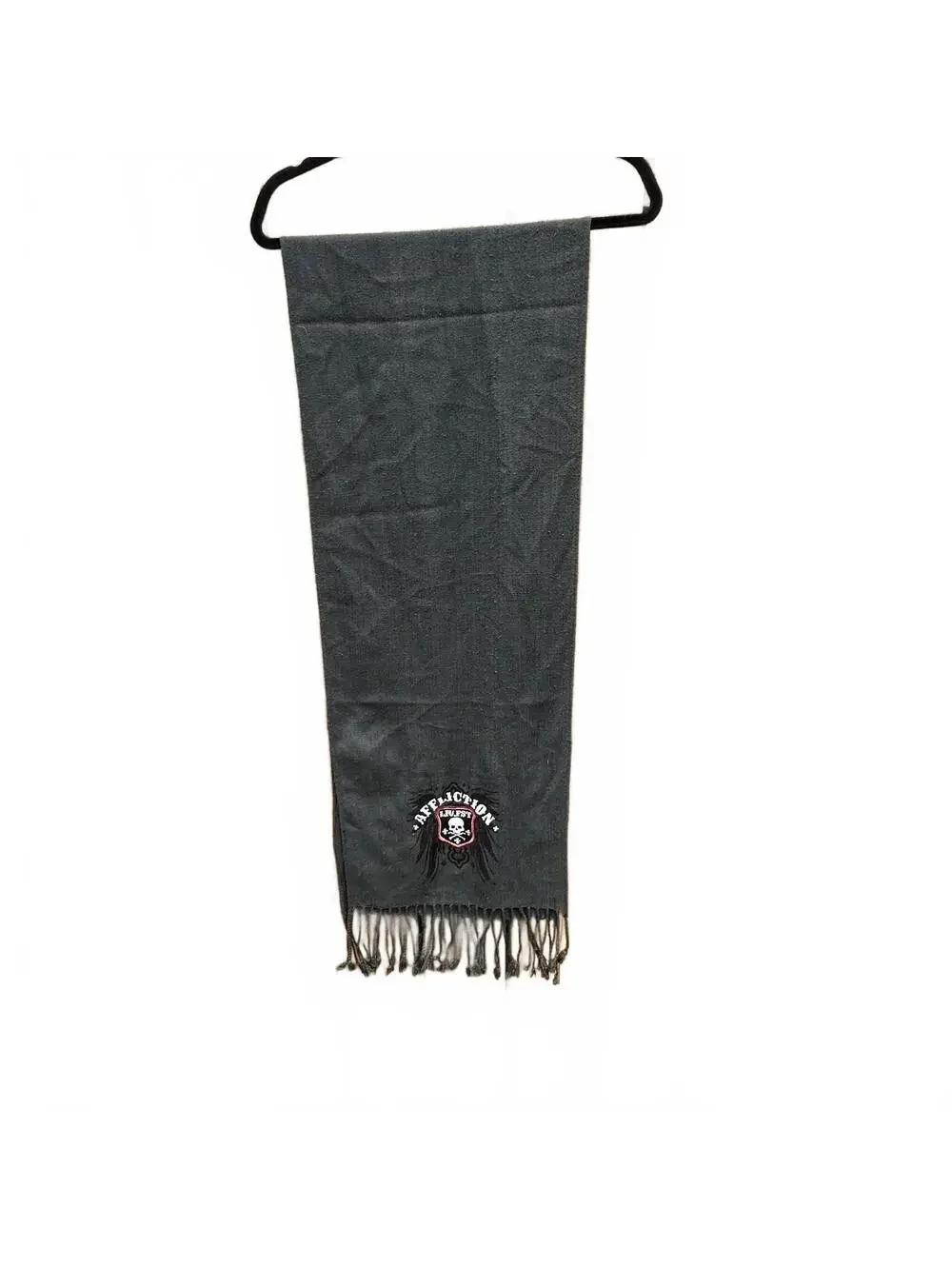 Affliction Clothing Black Fringed Scarf Skull Wing Graphic Embroidered
